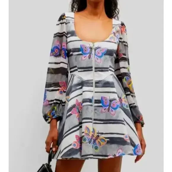 Autumn Adeigbo Fit and Flare Long Sleeve Butterfly Mini Dress  - Size 12 - Picture 2 of 11